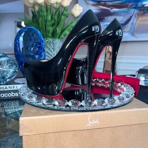 Christian Louboutin Black Patent Platform Pumps with Red Sole Daffodile 160mm